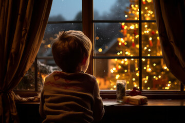 Fototapeta premium Cute little boy sitting by the window on Christmas eve. Child looking at the Christmas tree outside. Celebrating holiday at home. Traditional festive season.