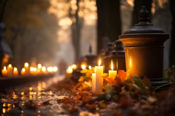 Foto op Plexiglas Lots of lit candles and dry autumn leaves at the cemetery. Celebrating All Saints Day at graveyard at night. © MNStudio