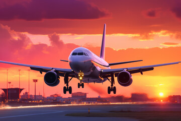 Fototapeta na wymiar Commercial airplane taking off into colorful sky at sunset. Landscape with white passenger aircraft, purple sky with pink clouds. Travelling by plane.
