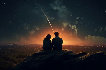 Silhouettes of a young couple admiring beautiful view on sunset. Man and woman looking at scenic night landscape. Lovers stargazing. - obrazy, fototapety, plakaty