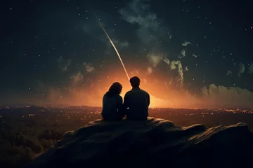 Fotobehang Silhouettes of a young couple admiring beautiful view on sunset. Man and woman looking at scenic night landscape. Lovers stargazing. © MNStudio