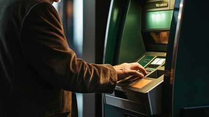 A middle-aged man stands at an ATM at night with a card and dials a PIN code