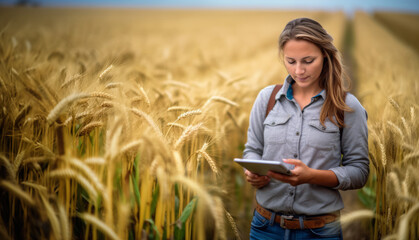 A woman stands in a wheat field, tablet in hand, assessing the environmental impact of genetically modified crops. Her analytical expression and posture convey focus and diligent observation. - obrazy, fototapety, plakaty