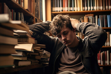 Tired male student holding his head while sitting in library against the backdrop of the book shelf.