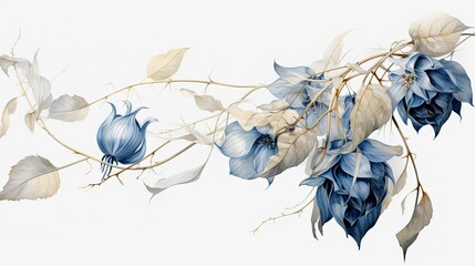 Blue and beige Phesalis flowers. Still life of plants on a light background
