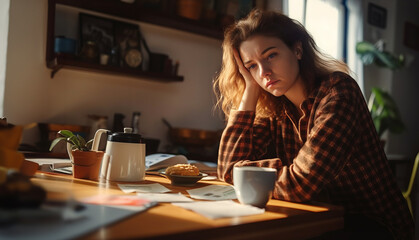 A worried young woman sits at a desk stacked with unpaid bills, her head in her hands. The chaos conveys her financial stress as a Gen Z navigating debt and economic instability.