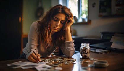 A worried young woman sits at a desk stacked with unpaid bills, her head in her hands. The chaos conveys her financial stress as a Gen Z navigating debt and economic instability. - obrazy, fototapety, plakaty