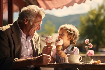 Cheerful grandfather and grandchild eating ice cream outdoors on sunny summer day. Granddad sharing a dessert with a child in outdoor cafe.