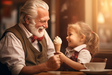 Cheerful grandfather and grandchild eating ice cream outdoors on sunny summer day. Granddad sharing a dessert with a child in outdoor cafe. - obrazy, fototapety, plakaty