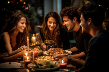 Group of cheerful friends having fun eating Christmas dinner together by decorated table. Young people having a get together on winter night. - obrazy, fototapety, plakaty