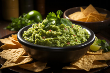 Obraz premium Avocado dip guacamole with crispy tortillas on black stone plate on wooden table.