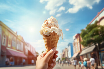 Female hand holding melting delicious ice cream with sun flare in summer. Yummy gelato in waffle cone on a backdrop of sunlit European town. Vacation in Europe. - obrazy, fototapety, plakaty
