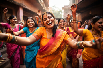 Beautiful Indian women wearing vivid colorful clothes singing and dancing during the Teej festival. Celebrating Hindu holidays. - obrazy, fototapety, plakaty
