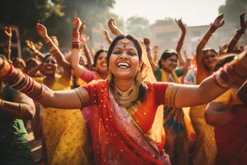 Papier Peint photo autocollant Annapurna Beautiful Indian women wearing vivid colorful clothes singing and dancing during the Teej festival. Celebrating Hindu holidays.