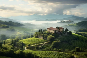 Fotobehang Toscane Scenic sunset in Italian landscape. Beautiful villa on a hill surrounded with cypress trees and vineyards.