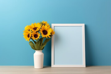 Fototapeta Interior design of living room with mock up photo frame on the shelf with beautiful sunflowers. Elegant personal accessories. obraz