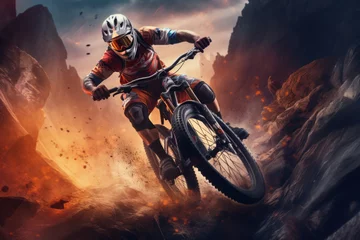 Foto op Canvas Mountain bike rider riding a bicycle off-road over rough terrain. Extreme cycling conditions. Motion blur. © MNStudio