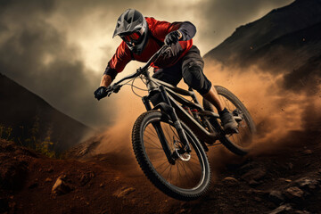 Mountain bike rider riding a bicycle off-road over rough terrain. Extreme cycling conditions. Motion blur. - obrazy, fototapety, plakaty