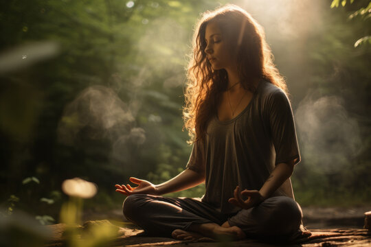 Young woman practicing breathing yoga pranayama outdoors in moss forest on a backdrop of waterfall. Unity with nature concept.