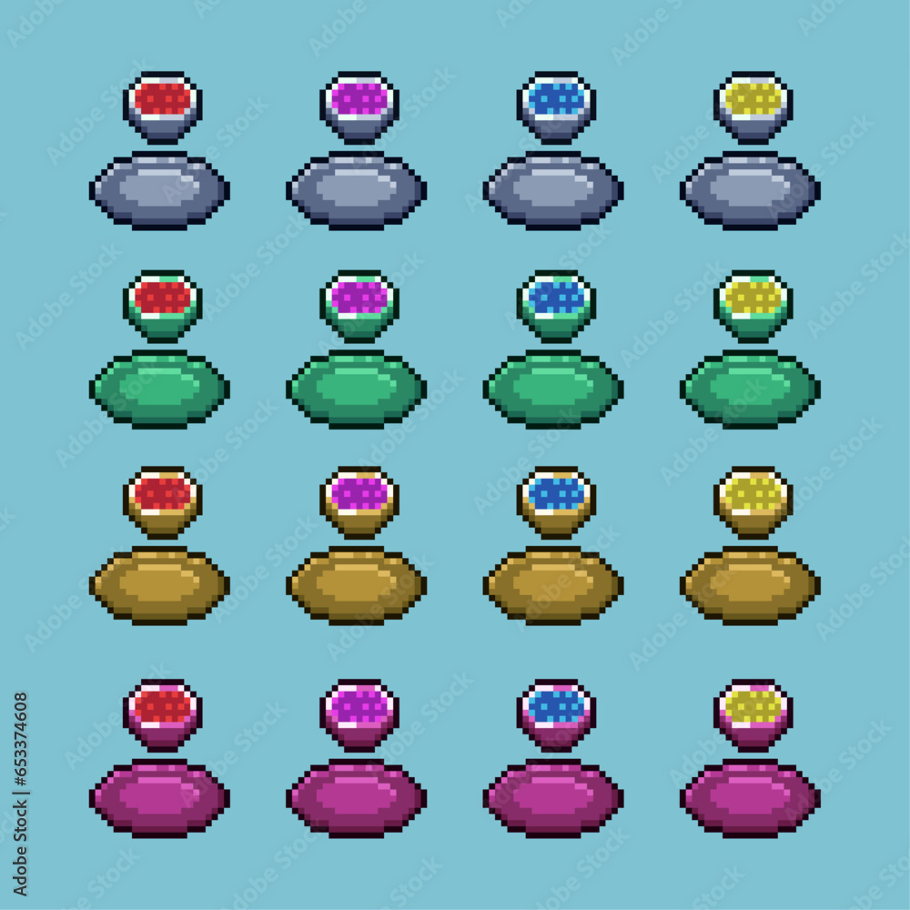 Poster pixel art sets of bowls soup and plate with variation color item asset simple bits of food on bowls 