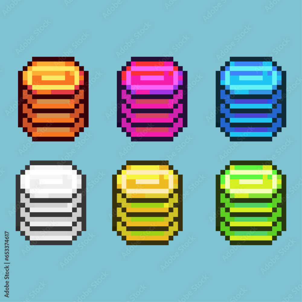 Poster pixel art sets of stack of coin business with variation color item asset simple bits of coin on pixe
