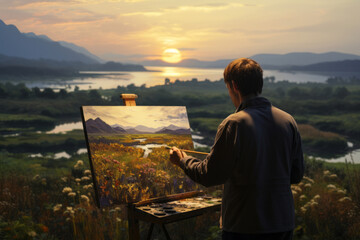 Artist painting a landscape. Scenic nature view at sunset. Young man expressing himself in art.