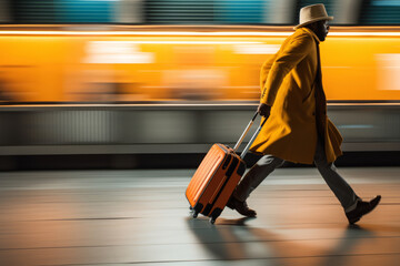 Man with a suitcase hurrying up in international airport. Person carrying luggage running in a hurry in train station. Motion blur. - obrazy, fototapety, plakaty
