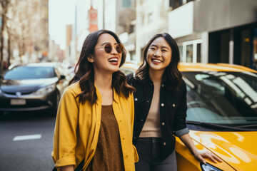 Two cheerful female friends going on a road trip together. Two beautiful women ready to ride a car. Girls night out. - obrazy, fototapety, plakaty