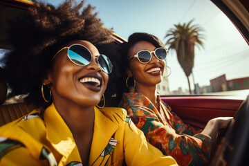 Two cheerful female friends going on a road trip together. Two beautiful women riding in a car. - obrazy, fototapety, plakaty