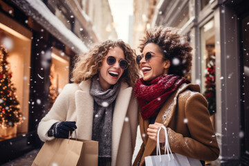 Two cheerful female friends holding shopping bags on snowy winter day. Women making shopping during Christmas sales season. - obrazy, fototapety, plakaty