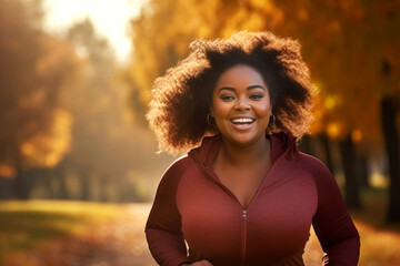 Young plus size woman running in city park on sunny autumn day. Overweight young girl jogging in the street. Weight loss concept. - obrazy, fototapety, plakaty