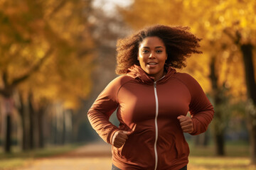 Young plus size woman running in city park on sunny autumn day. Overweight young girl jogging in...