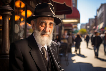 Senior orthodox Jewish rabbi smiling on a city street on sunny summer day. - obrazy, fototapety, plakaty