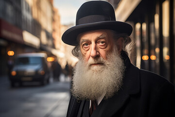 Senior orthodox Jewish rabbi smiling on a city street on sunny summer day.