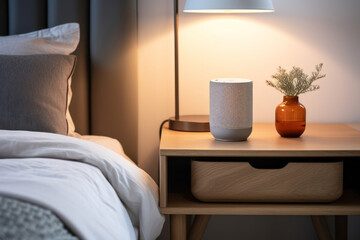 Smart speaker on a bedroom nightstand. Virtual assistant with AI voice recognition by a bed.