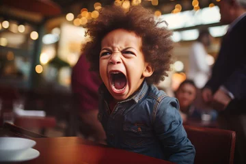 Fotobehang Toddler having a temper tantrum in a restaurant or cafe. Sad child screaming in anger in public. Kid misbehaving crying loudly. © MNStudio