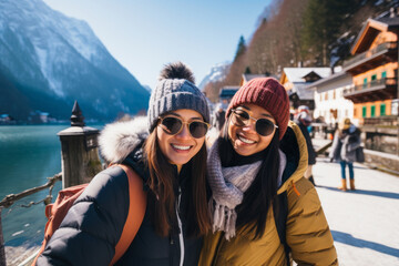 Beautiful Asian traveler couple with backpacks exploring small Austrian town at winter. Man and woman having a good time travelling to Europe on sunny winter day. - obrazy, fototapety, plakaty