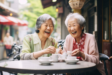 Happy senior friends sitting in outdoor cafe on sunny summer evening. Retired women having fun outdoors. Retirement hobby and leisure activity for elderly people.
