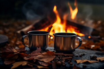 Two metal enamel cups of hot steaming tea on wooden log by an outdoor campfire. Drinking warm beverage by a bonfire. - obrazy, fototapety, plakaty