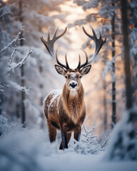 One noble male deer with huge beautiful horns stands and looks in camera in winter snowy forest.  - obrazy, fototapety, plakaty