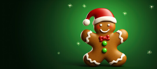 Fototapeta premium Banner xmas cookie gingerbread in red Santa hat decorated glaze on green background with copy space. 