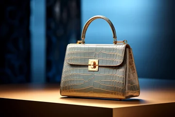 Fototapeten Luxurious crocodile leather handbag with golden locks and handles. Old Money Aesthetic. Banner. © Nataliia