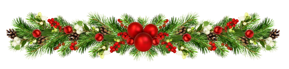 Gardinen Snowberries with green twigs of Christmas tree, red decorations and cones in a festive garland isolated on white or transparent background © Ortis