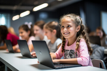 Diverse school kids using laptop computers together in classroom. Multicultural students learning online. Elementary education program for children.