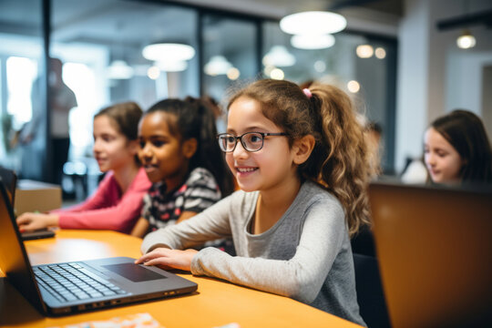Diverse school kids using laptop computers together in classroom. Multicultural students learning online. Elementary education program for children.