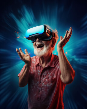Single senior man with white hair and beard uses modern VR goggles and experiencing emotions surprise on festive background, new trends and technologies for happy active old age.