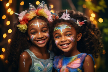Two cute little black girls dressed as magic fairies have their faces painted with a facepaint. Children wearing costumes at a party outdoors. - obrazy, fototapety, plakaty