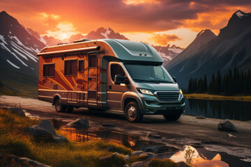 Scenic nature mountain view with a road side parked RV motorhome. Travelling in camper van. Planning a road trip adventure. - Powered by Adobe