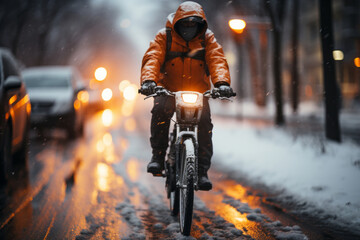 A man riding a bicycle in winter city during massive snowfall. Cycling in difficult weather conditions. Motion blur.
