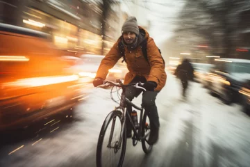 Plexiglas foto achterwand A man riding a bicycle in winter city during massive snowfall. Cycling in difficult weather conditions. Motion blur. © MNStudio